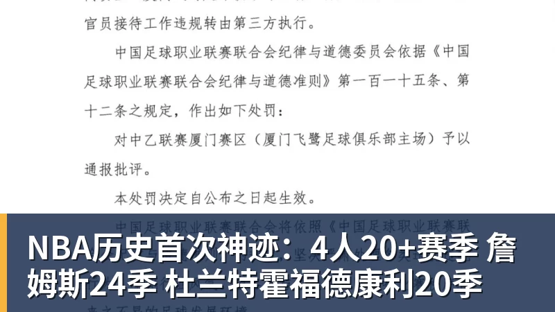 NBA历史首次神迹：4人20+赛季 詹姆斯24季 杜兰特霍福德康利20季